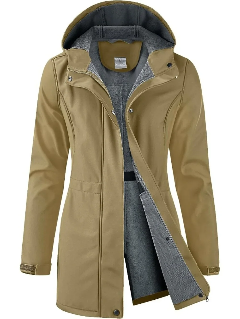 Women's Tan Hooded Fleece Lined Waterproof Hiking Softshell Long Rain Jacket